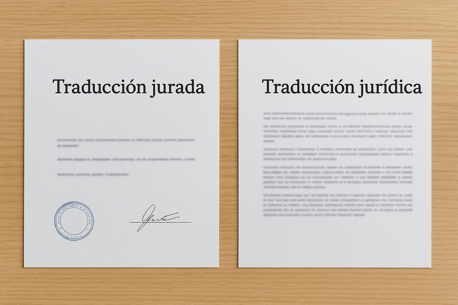 Dos documentos sobre una mesa: uno con sello y firma titulado Traducción jurada, y otro con contenido legal titulado Traducción jurídica