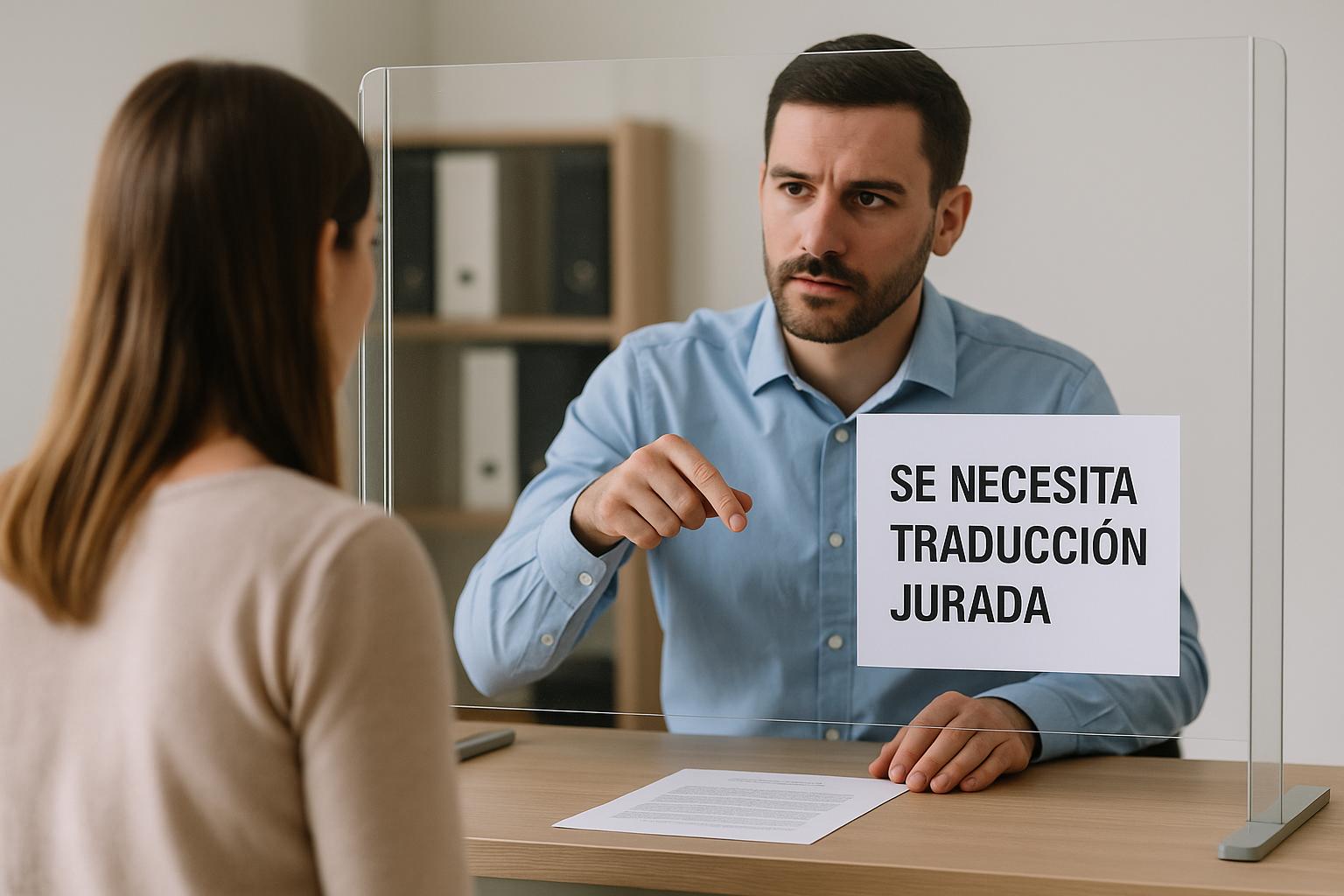 Escena en una ventanilla donde un funcionario informa a una usuaria sobre cuándo se necesita una traducción jurada
