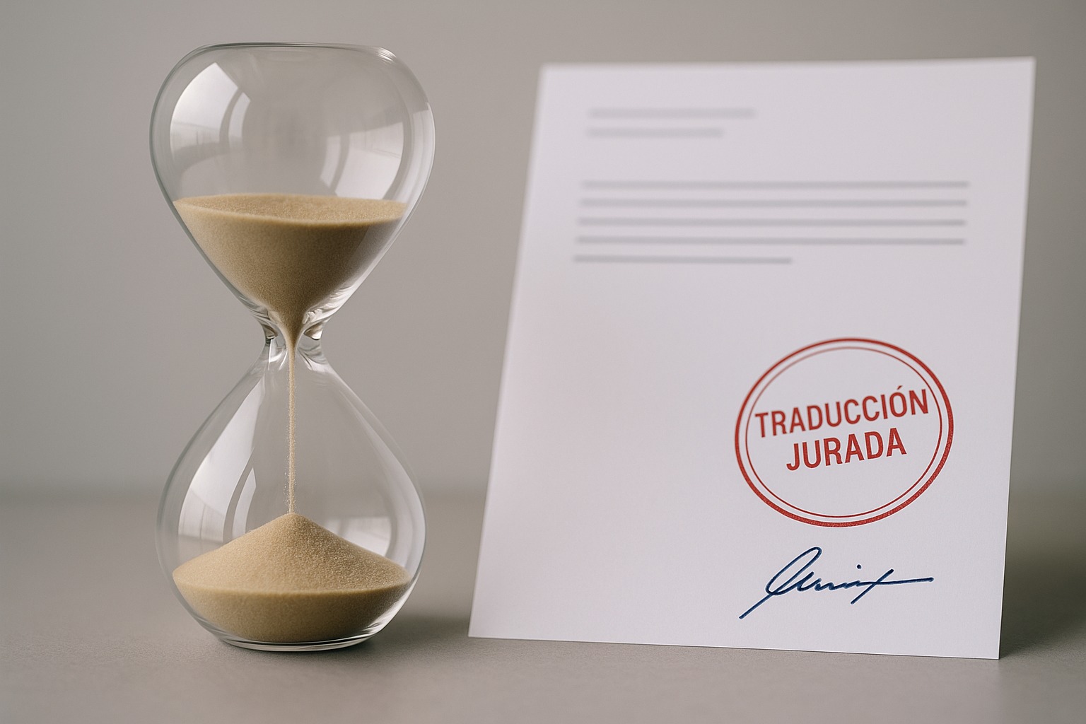 Reloj de arena y documento sellado que ilustra cuánto tarda una traducción jurada.