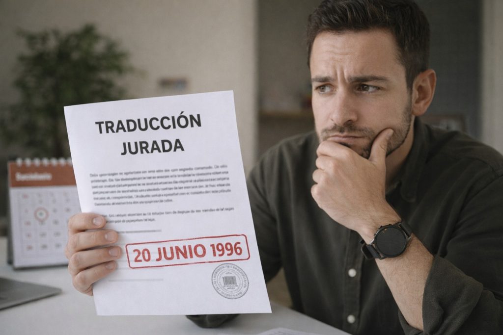 Persona reflexionando sobre una traducción jurada con fecha de 1996, ilustrando si las traducciones juradas tienen fecha de caducidad.