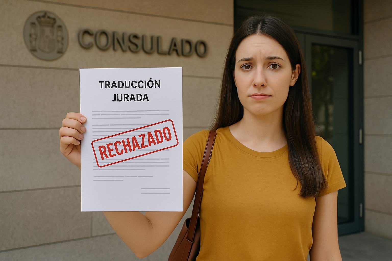 Mujer saliendo de un consulado con un documento marcado como ‘Rechazado’, ilustrando qué hacer si el consulado te rechaza una traducción jurada.