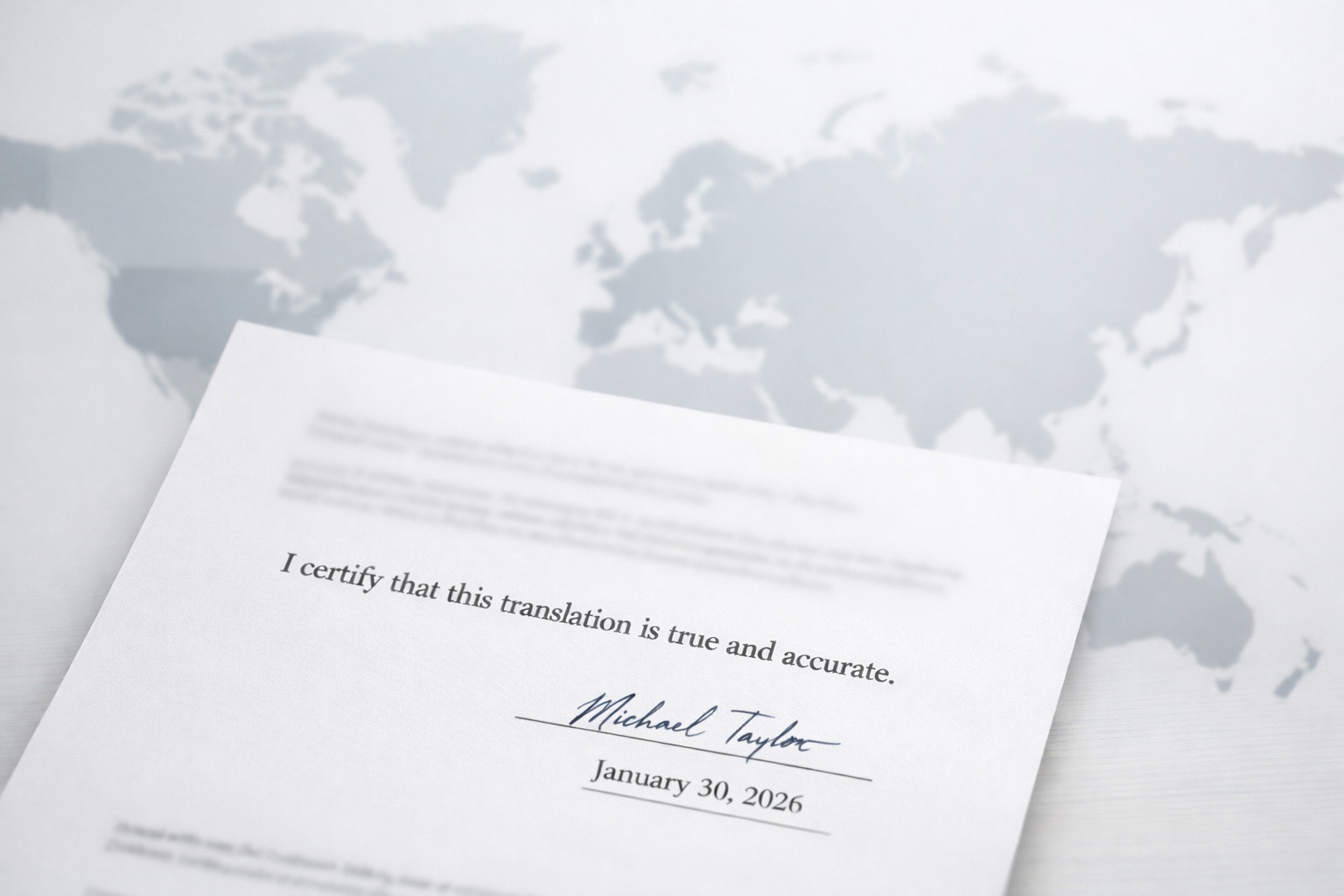 Documento de traducción certificada en inglés con declaración de exactitud y mapa de países de Common Law al fondo.