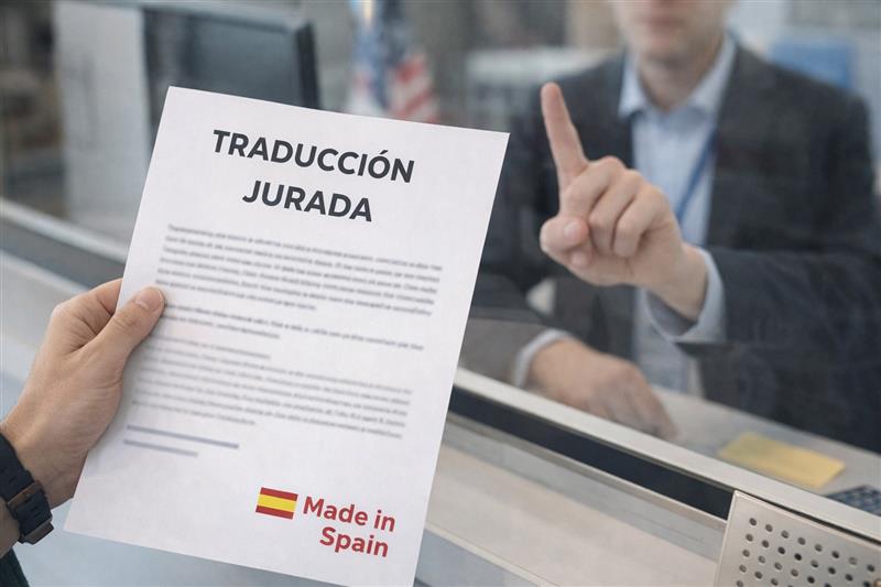 Persona presentando un documento con el texto ‘traducción jurada’ y ‘Made in Spain’ en un consulado, ilustrando si una traducción jurada hecha en España es válida en el extranjero