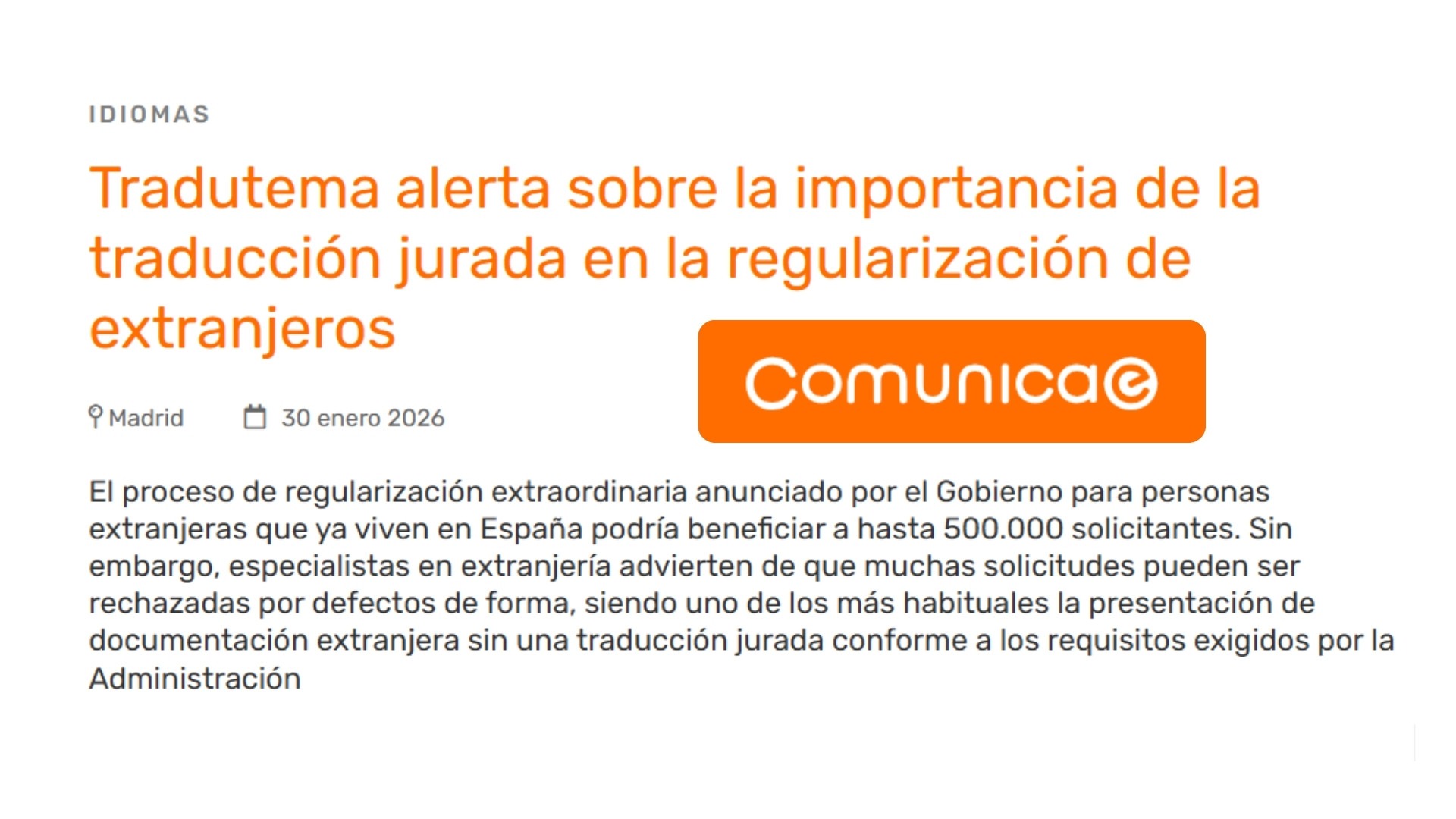 Título e introducción de la nota de prensa sobre Tradutema en Comunicae