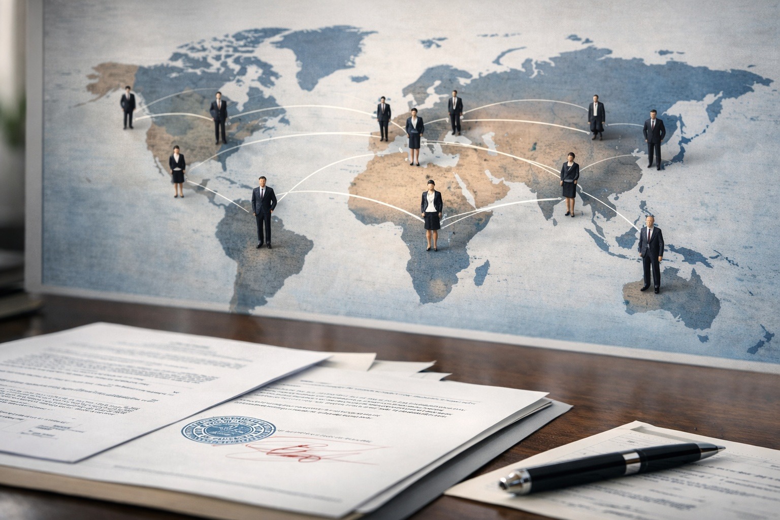 Un mapamundi con profesionales distribuidos por distintos países y documentos oficiales en primer plano, representando las diferencias internacionales en la figura del traductor jurado.