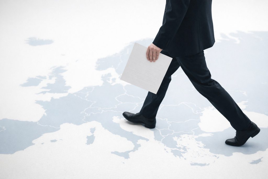 Persona caminando sobre un mapa de Europa con un documento en la mano, en relación con la Unión Europea y traducción jurada