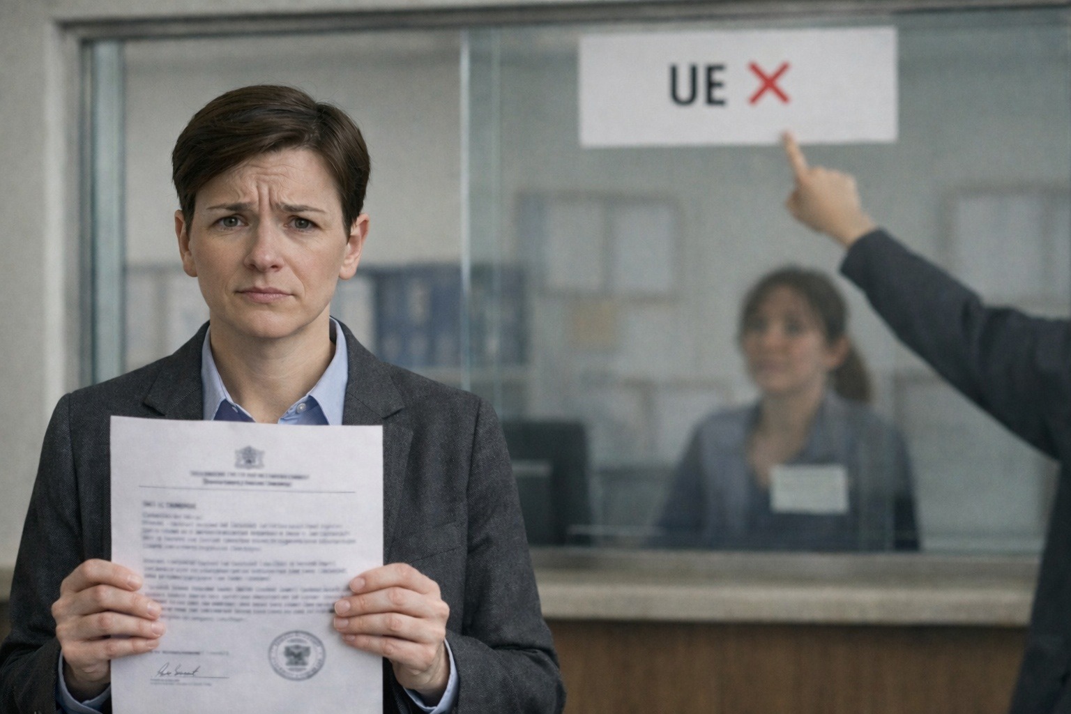 Mujer sosteniendo un documento oficial frente a una ventanilla administrativa, ilustrando el proceso de cómo legalizar documentos españoles para países fuera de la UE.